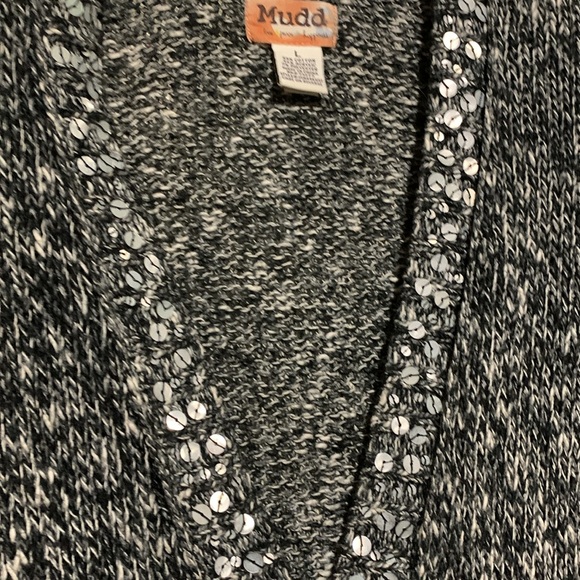 Mudd Sweater Cardigan L Black White Sequin Stretchy Front Buttons Pockets Cotton - Picture 8 of 16
